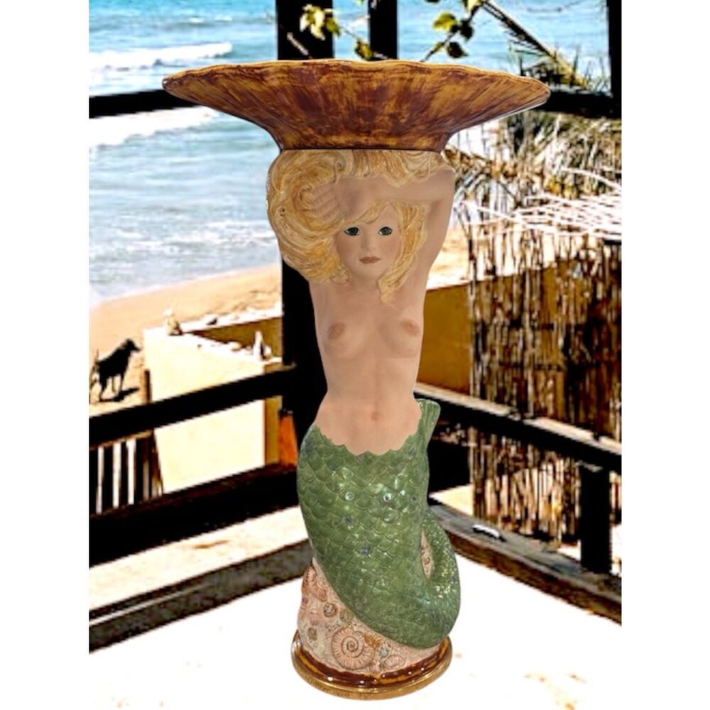 Vintage Mermaid Pedestal Bowl - Green & Gold